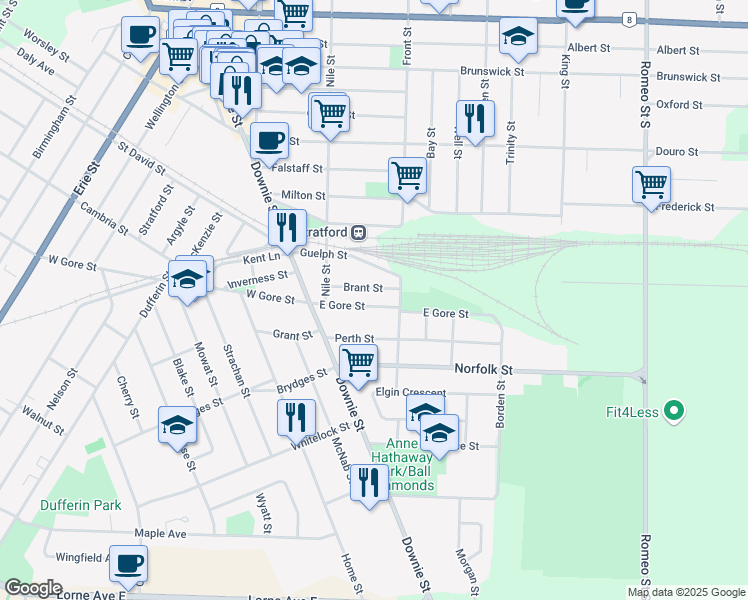map of restaurants, bars, coffee shops, grocery stores, and more near 70 East Gore Street in Stratford