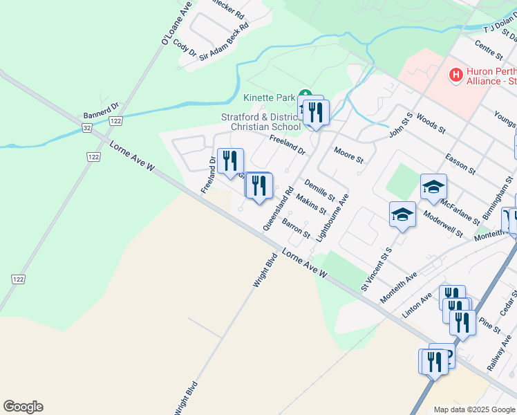 map of restaurants, bars, coffee shops, grocery stores, and more near 30 Queensland Road in Stratford