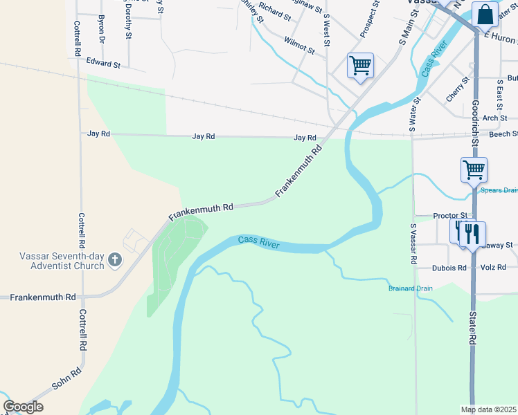 map of restaurants, bars, coffee shops, grocery stores, and more near 5741 Frankenmuth Road in Vassar