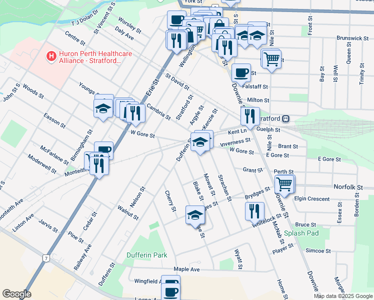 map of restaurants, bars, coffee shops, grocery stores, and more near 30 Mowat Street in Stratford