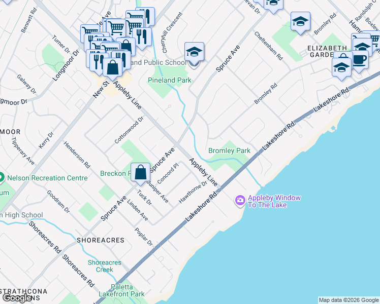 map of restaurants, bars, coffee shops, grocery stores, and more near 243 Appleby Line in Burlington