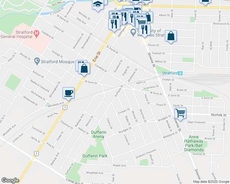 map of restaurants, bars, coffee shops, grocery stores, and more near 15 Railway Avenue in Stratford