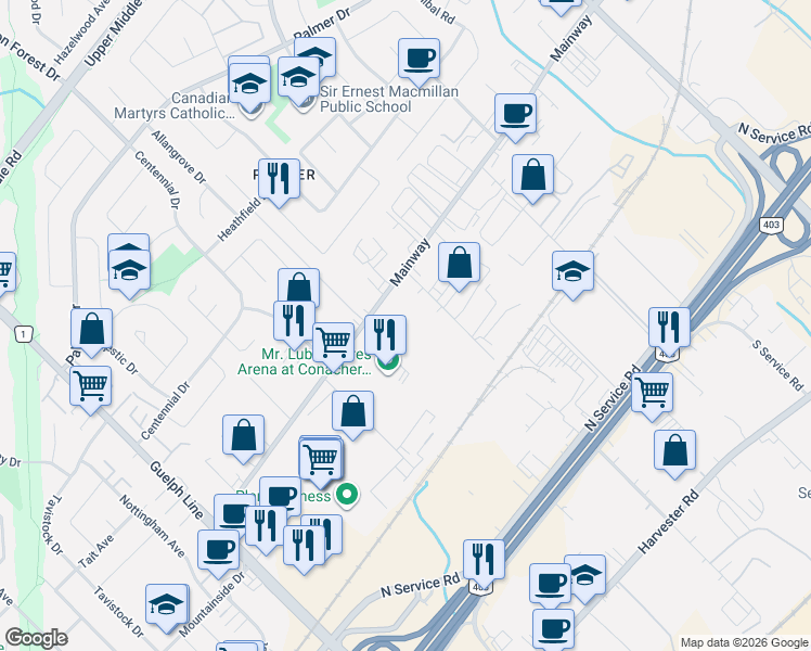 map of restaurants, bars, coffee shops, grocery stores, and more near 3230 Mainway in Burlington