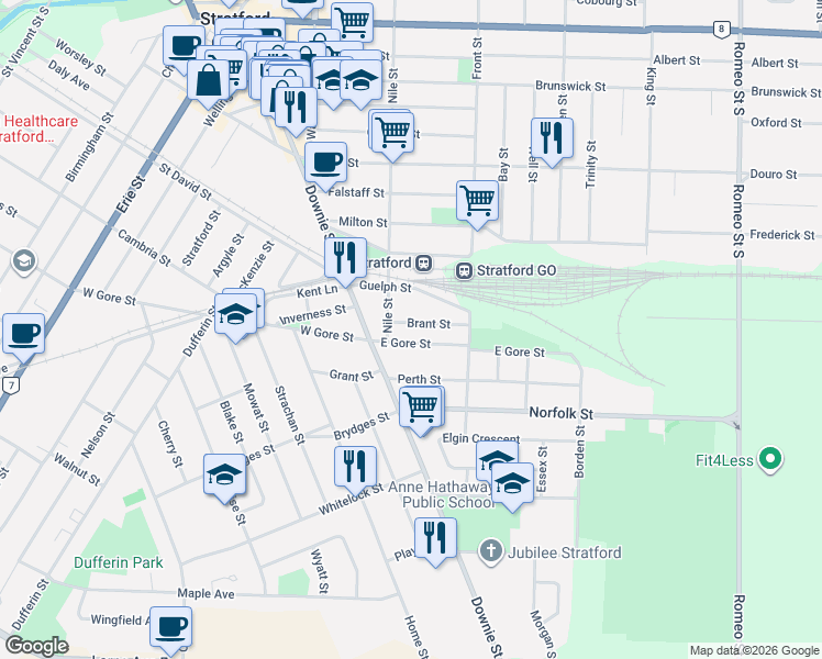 map of restaurants, bars, coffee shops, grocery stores, and more near 21 Brant Street in Stratford