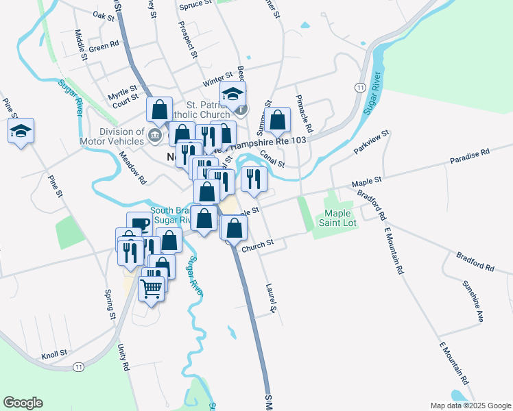 map of restaurants, bars, coffee shops, grocery stores, and more near 38 Maple Street in Newport
