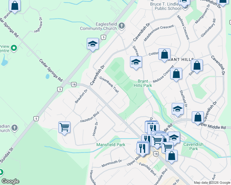 map of restaurants, bars, coffee shops, grocery stores, and more near 2360 Greenbank Trail in Burlington