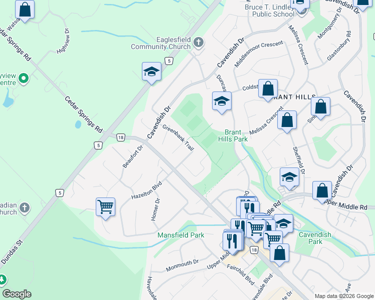 map of restaurants, bars, coffee shops, grocery stores, and more near 2360 Greenbank Trail in Burlington