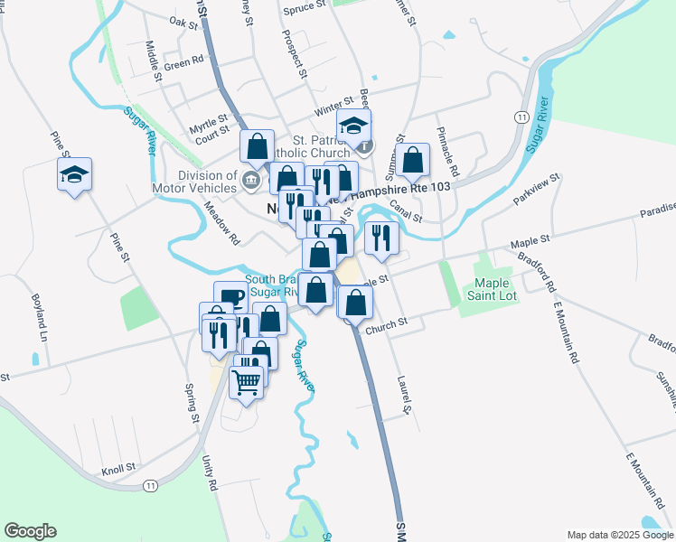 map of restaurants, bars, coffee shops, grocery stores, and more near 20 South Main Street in Newport