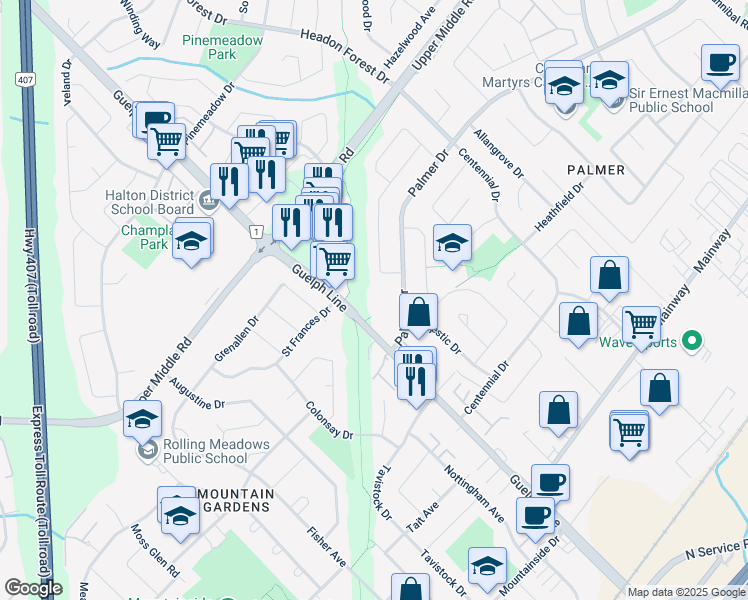 map of restaurants, bars, coffee shops, grocery stores, and more near 3097 Palmer Drive in Burlington