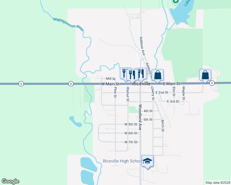 map of restaurants, bars, coffee shops, grocery stores, and more near 198 Pine St in Riceville