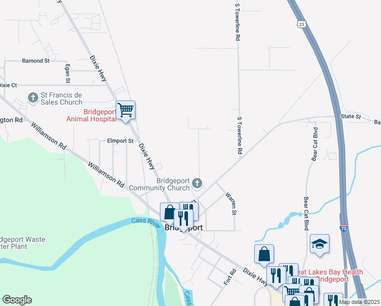 map of restaurants, bars, coffee shops, grocery stores, and more near 4160 Shreve Drive in Bridgeport charter Township
