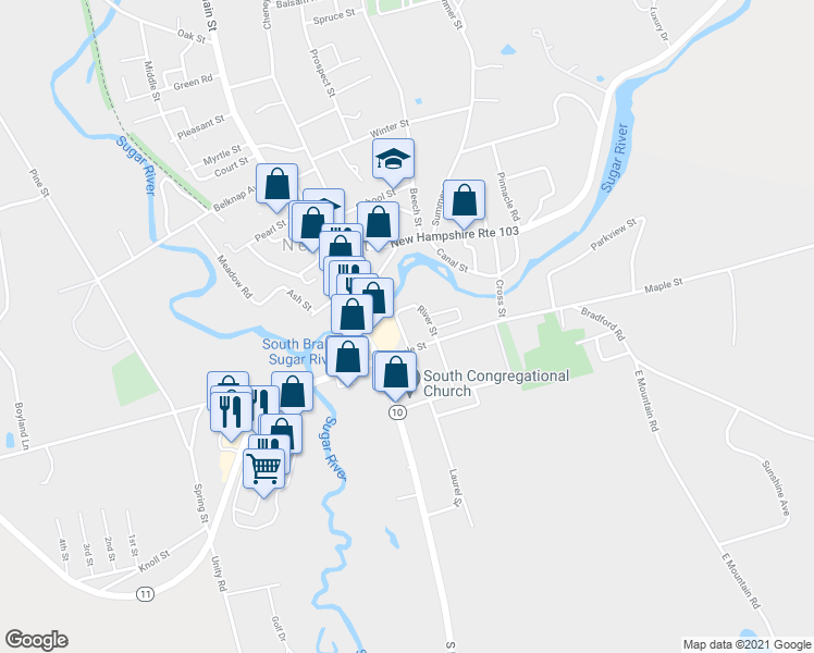 map of restaurants, bars, coffee shops, grocery stores, and more near 38 Maple Street in Newport