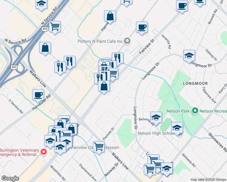 map of restaurants, bars, coffee shops, grocery stores, and more near 4154 Galileo Common in Burlington