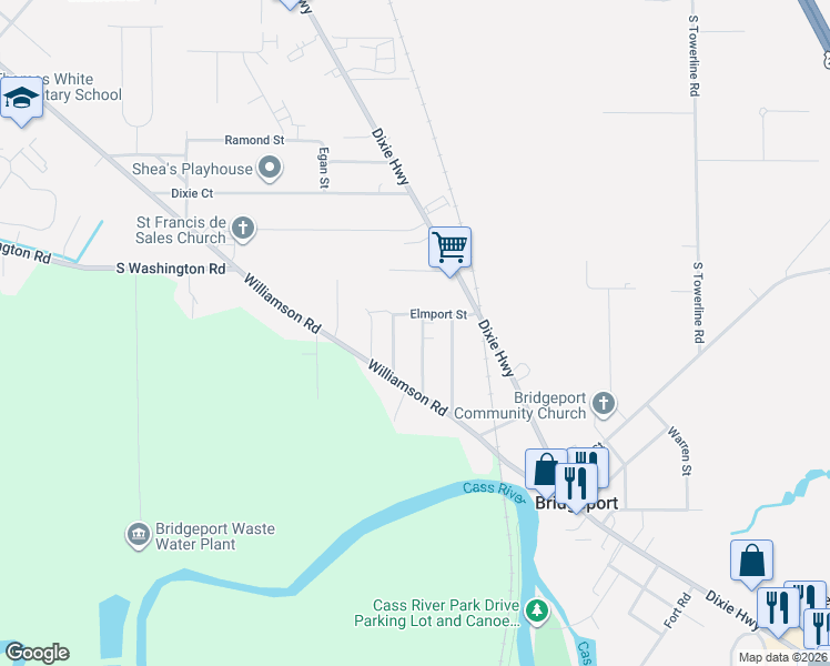 map of restaurants, bars, coffee shops, grocery stores, and more near 3430 Elmport Street in Bridgeport charter Township