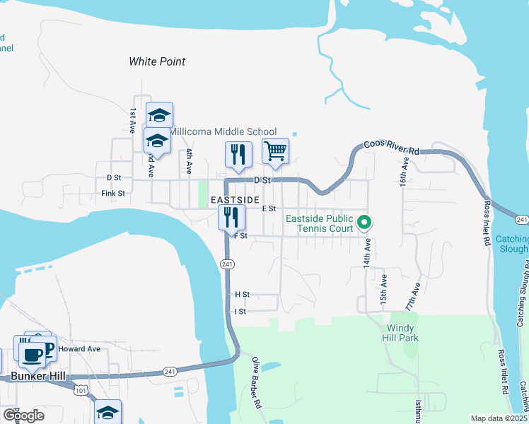 map of restaurants, bars, coffee shops, grocery stores, and more near 470 8th Avenue in Coos Bay