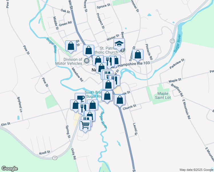 map of restaurants, bars, coffee shops, grocery stores, and more near 57 Main Street in Newport