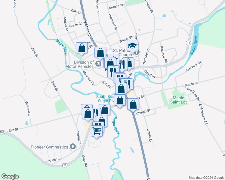 map of restaurants, bars, coffee shops, grocery stores, and more near 12 Ash Street in Newport