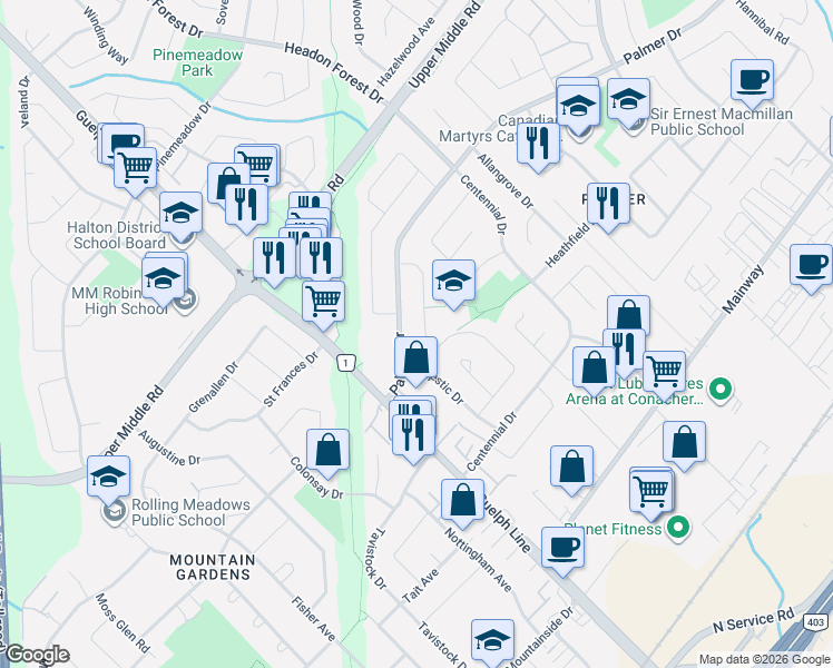 map of restaurants, bars, coffee shops, grocery stores, and more near 3125 Michael Crescent in Burlington