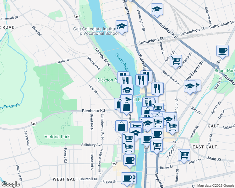 map of restaurants, bars, coffee shops, grocery stores, and more near 30 Park Hill Road West in Cambridge