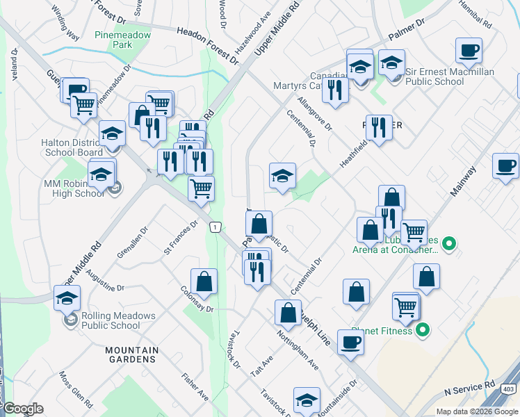 map of restaurants, bars, coffee shops, grocery stores, and more near 3125 Michael Crescent in Burlington