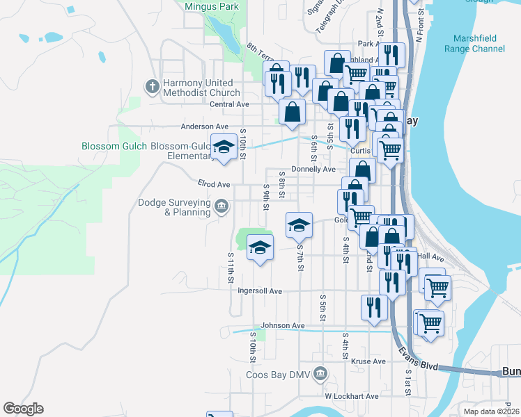 map of restaurants, bars, coffee shops, grocery stores, and more near 625 South 9th Street in Coos Bay