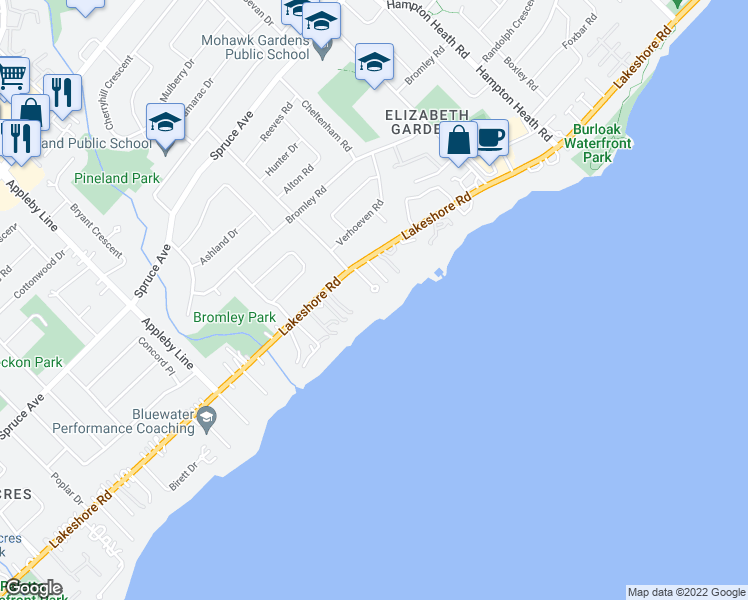 map of restaurants, bars, coffee shops, grocery stores, and more near 5170 Lakeshore Road in Burlington