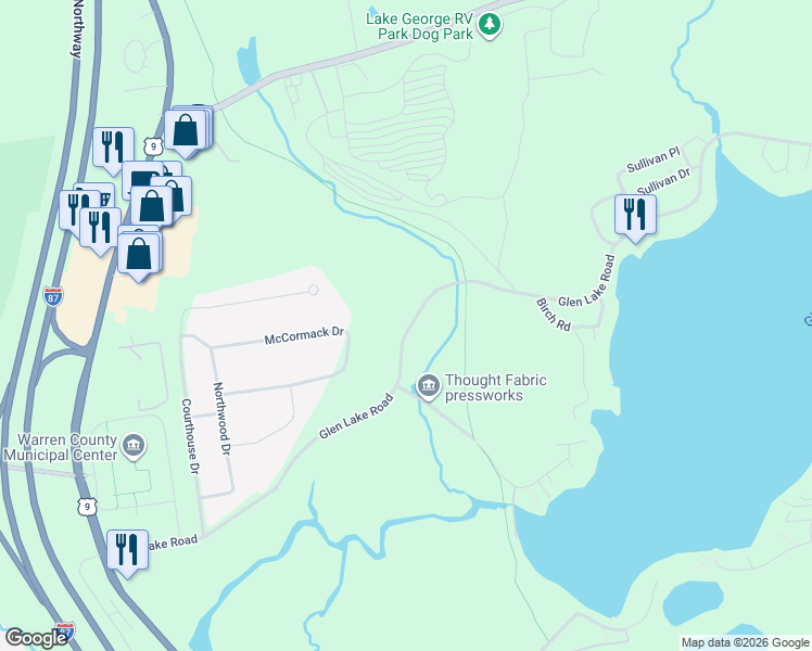map of restaurants, bars, coffee shops, grocery stores, and more near 177 Glen Lake Rd in Lake George
