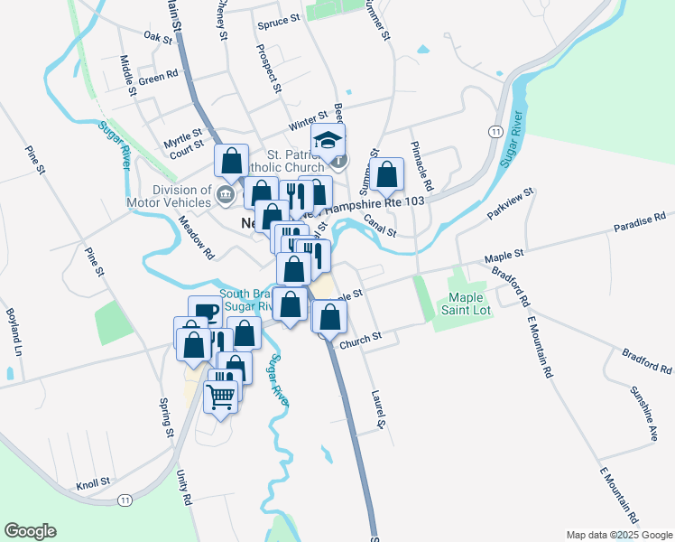 map of restaurants, bars, coffee shops, grocery stores, and more near 20 South Main Street in Newport