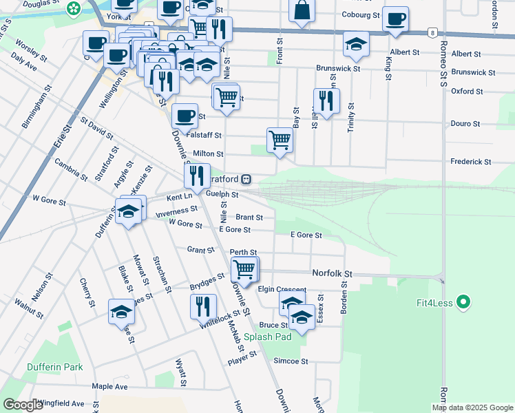 map of restaurants, bars, coffee shops, grocery stores, and more near 85 Guelph Street in Stratford