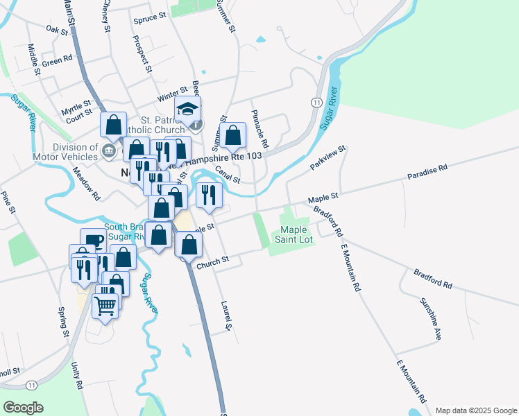 map of restaurants, bars, coffee shops, grocery stores, and more near 92 Maple Street in Newport