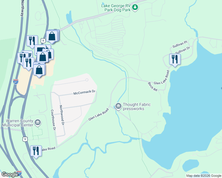 map of restaurants, bars, coffee shops, grocery stores, and more near 177 Glen Lake Road in Lake George