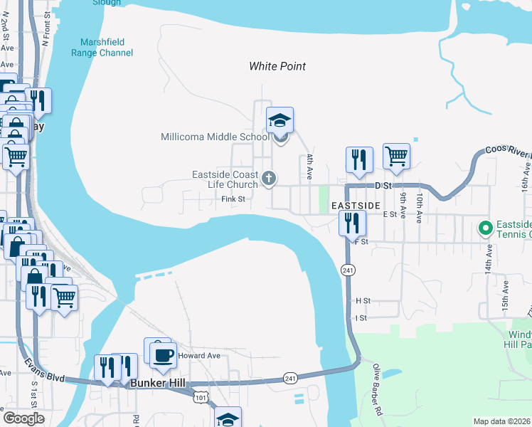 map of restaurants, bars, coffee shops, grocery stores, and more near 178 E Street in Coos Bay