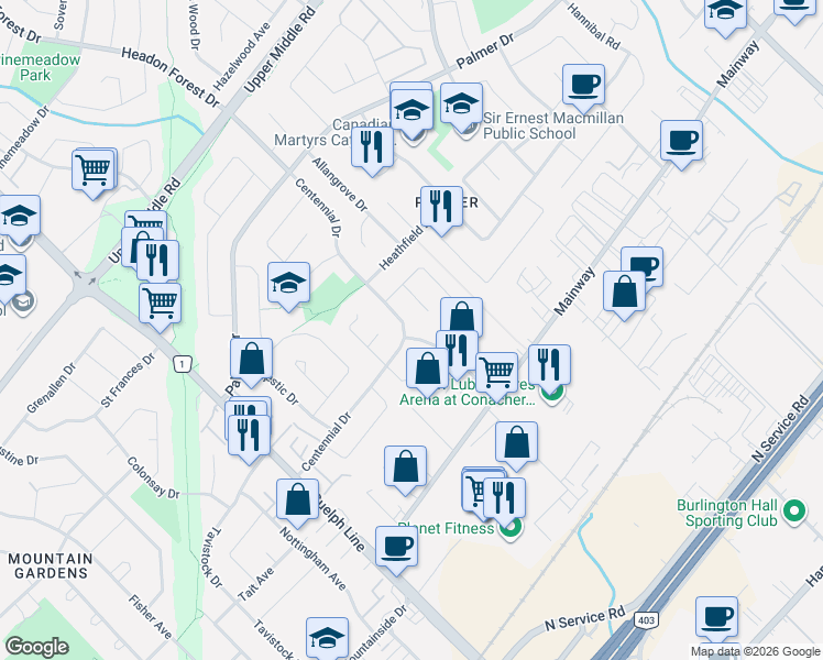 map of restaurants, bars, coffee shops, grocery stores, and more near 3118 Centennial Drive in Burlington
