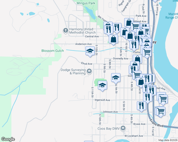 map of restaurants, bars, coffee shops, grocery stores, and more near 1195 Ferguson Avenue in Coos Bay