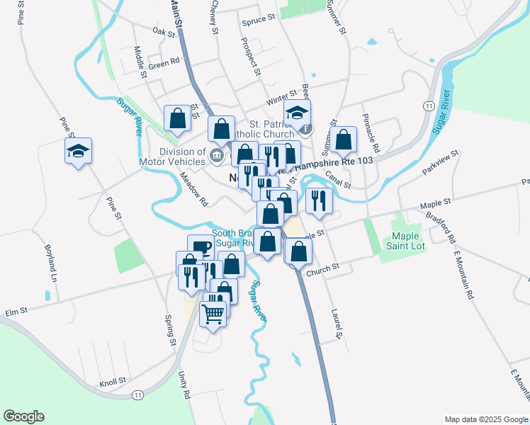 map of restaurants, bars, coffee shops, grocery stores, and more near 57 Main Street in Newport