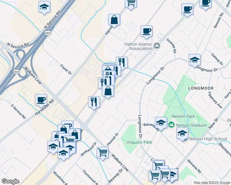 map of restaurants, bars, coffee shops, grocery stores, and more near Palermo Common in Burlington