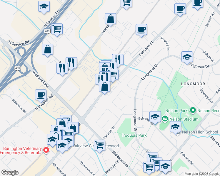map of restaurants, bars, coffee shops, grocery stores, and more near 4141 Palermo Common in Burlington