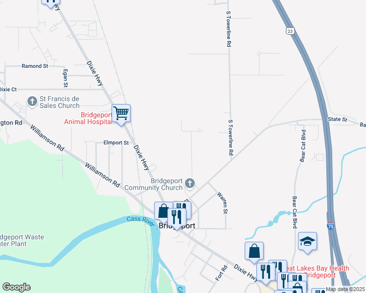 map of restaurants, bars, coffee shops, grocery stores, and more near 4160 Shreve Drive in Bridgeport Charter Township