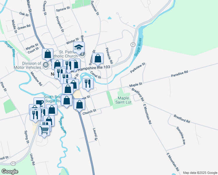 map of restaurants, bars, coffee shops, grocery stores, and more near 92 Maple Street in Newport