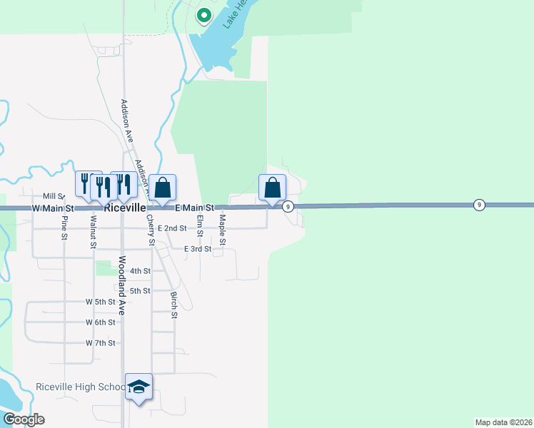 map of restaurants, bars, coffee shops, grocery stores, and more near Oak Street in Riceville