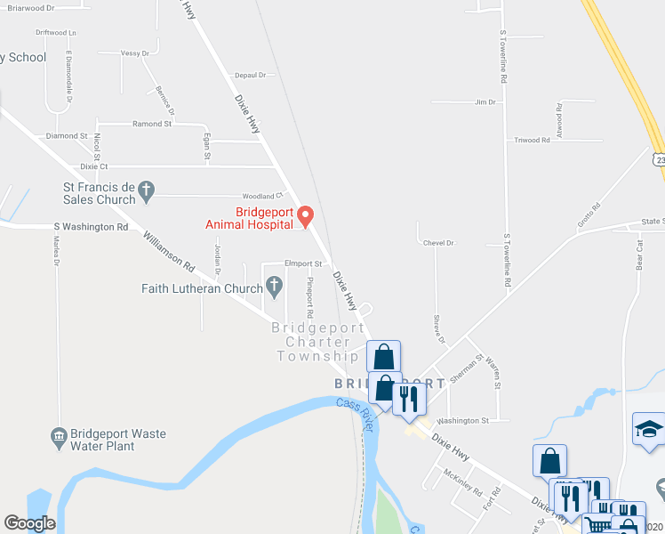 map of restaurants, bars, coffee shops, grocery stores, and more near 6016 Dixie Highway in Bridgeport charter Township