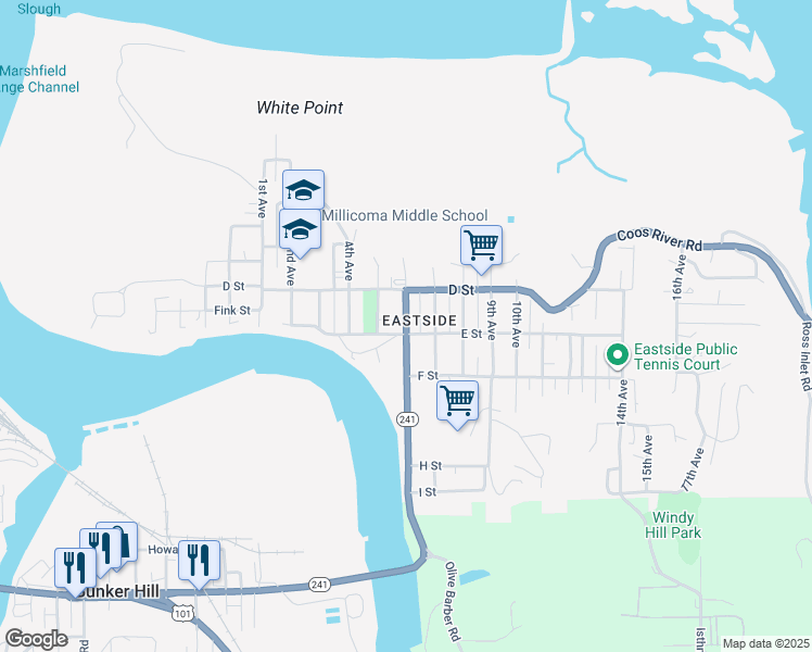 map of restaurants, bars, coffee shops, grocery stores, and more near 483 6th Avenue in Coos Bay