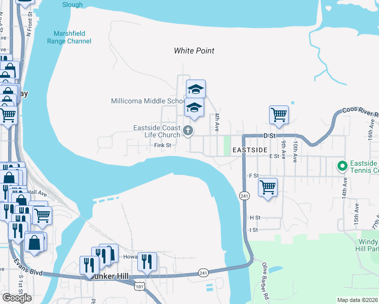 map of restaurants, bars, coffee shops, grocery stores, and more near 178 E St in Coos Bay