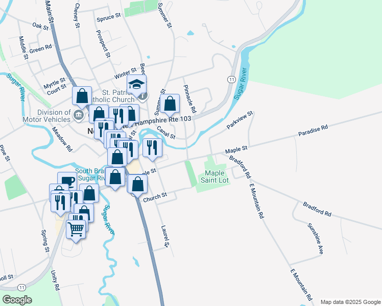 map of restaurants, bars, coffee shops, grocery stores, and more near 92 Maple Street in Newport