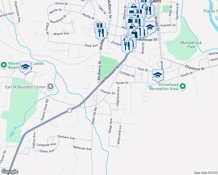 map of restaurants, bars, coffee shops, grocery stores, and more near 12 Charles Street in Claremont