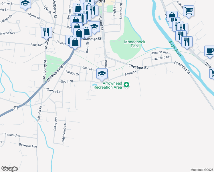 map of restaurants, bars, coffee shops, grocery stores, and more near 107 South Street in Claremont