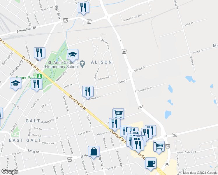 map of restaurants, bars, coffee shops, grocery stores, and more near 43 Hilltop Drive in Cambridge