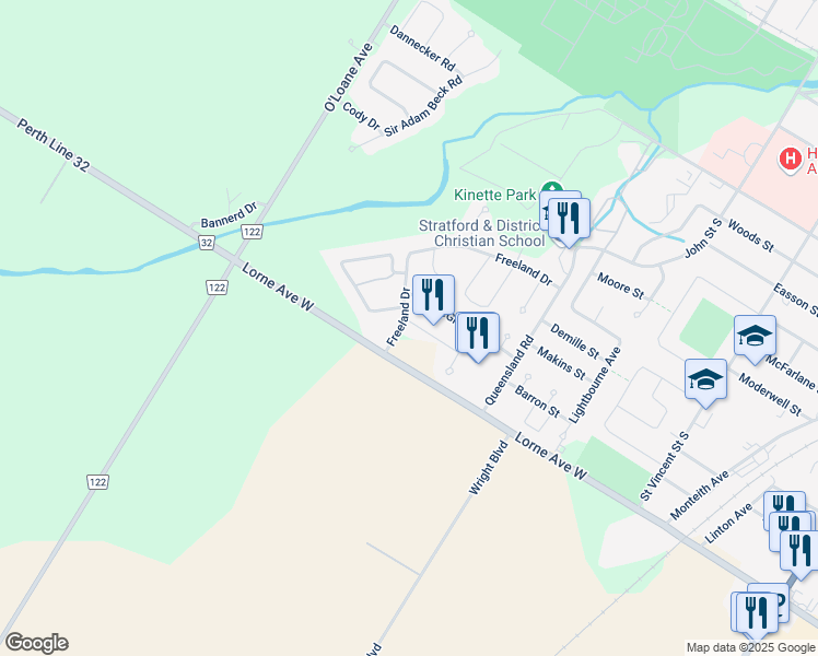 map of restaurants, bars, coffee shops, grocery stores, and more near 51 Sutter Street in Stratford