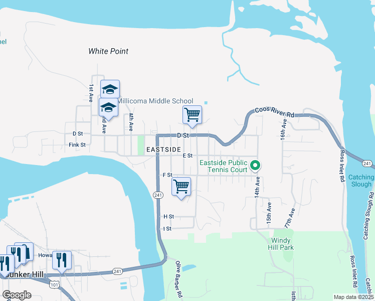 map of restaurants, bars, coffee shops, grocery stores, and more near 470 8th Avenue in Coos Bay