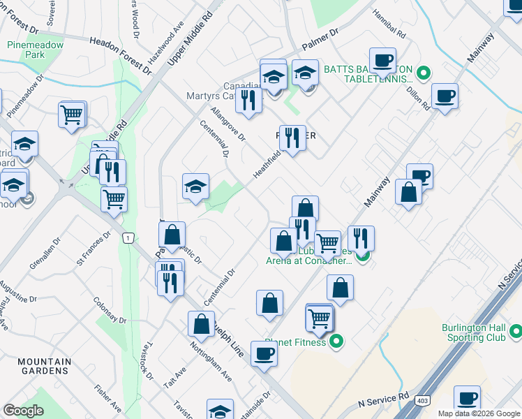 map of restaurants, bars, coffee shops, grocery stores, and more near 3125 Centennial Drive in Burlington
